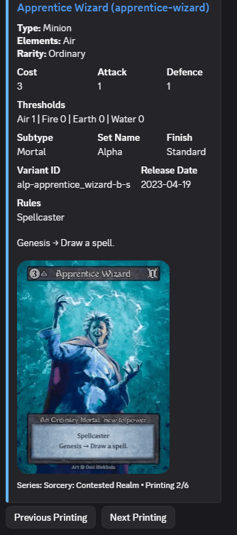 Discord bot SorceryCard card result with previous and next variant buttons